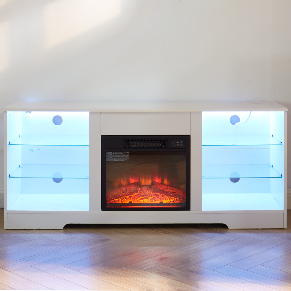 TV Stand with Electric Fireplace — Glass Shelves & USB Outlets for TVs Up to 62"