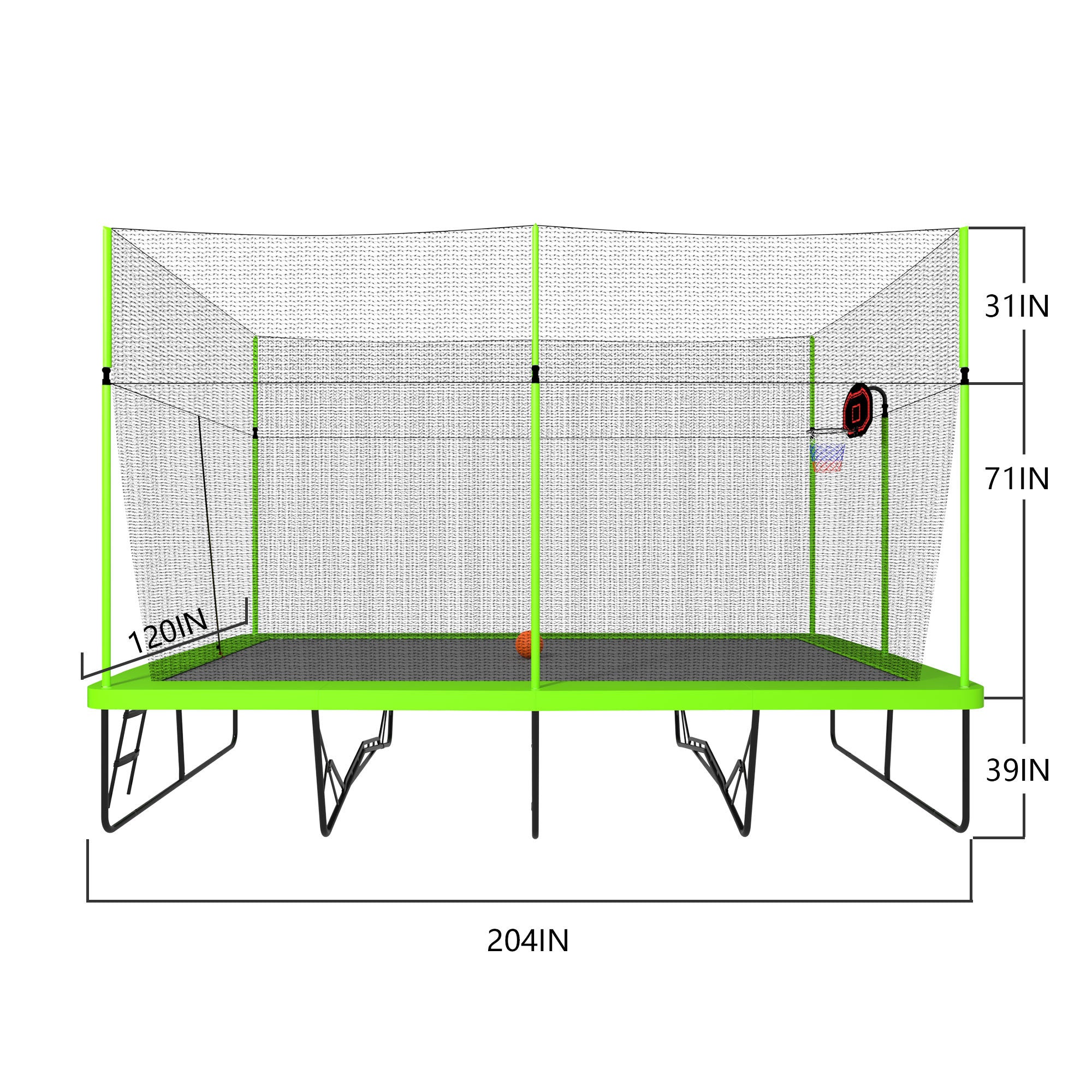 Green rectangular trampoline UV-resistant PE sleeve safety net poles detail