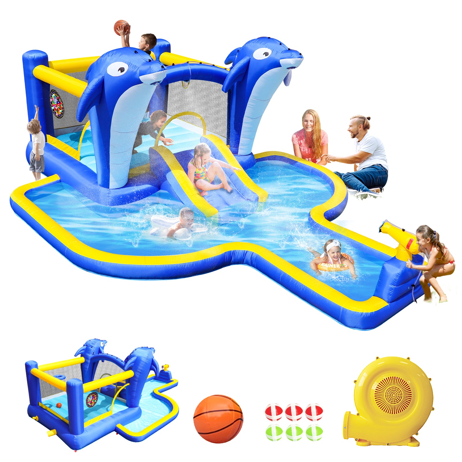 8-in-1 inflatable bounce house with dolphin sprinkler and basketball hoop