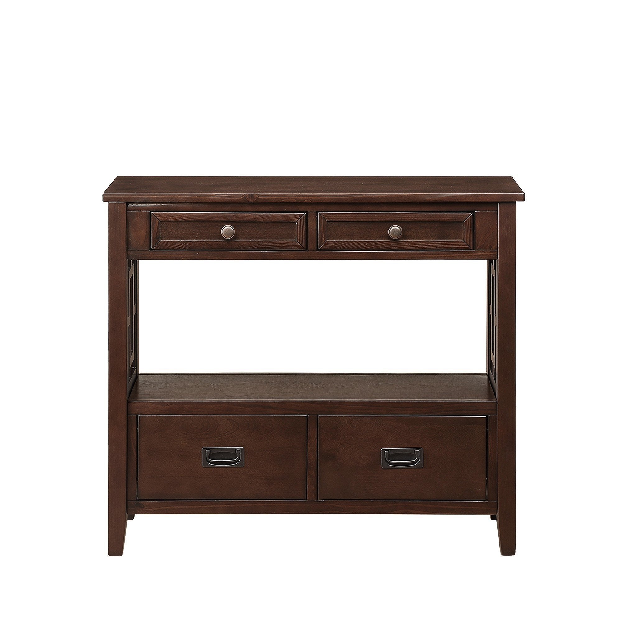 Light espresso hallway console table drawer open interior