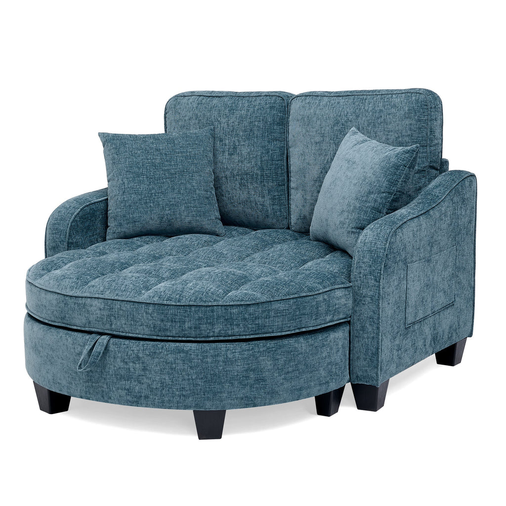 Two-seater sofa, double sofa chaise longue, with irregular armrests and backrests, footrest with storage space, comes with two small throw pillows, suitable for living room and bedroom -Blue