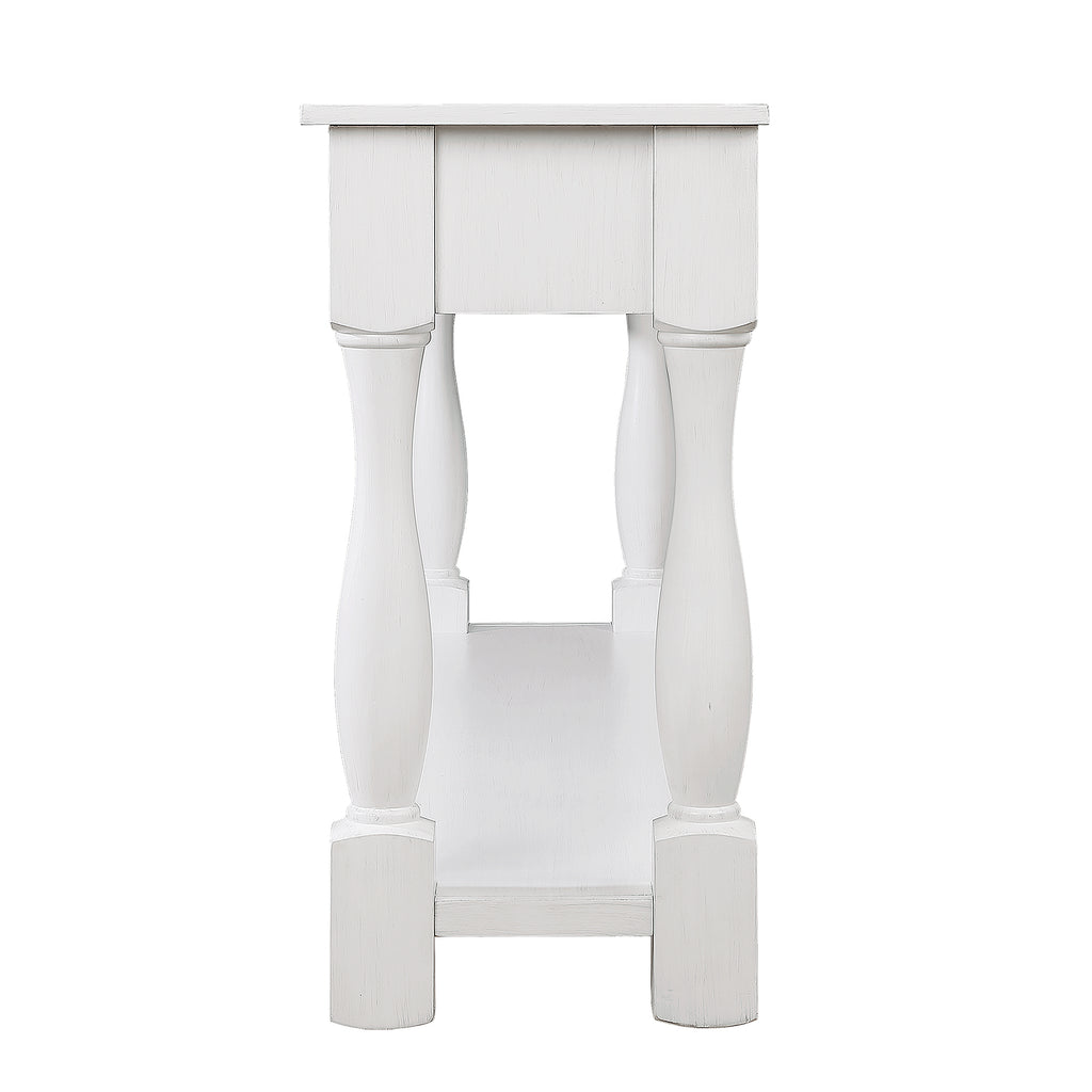 Mid-century console table distressed white finish close-up