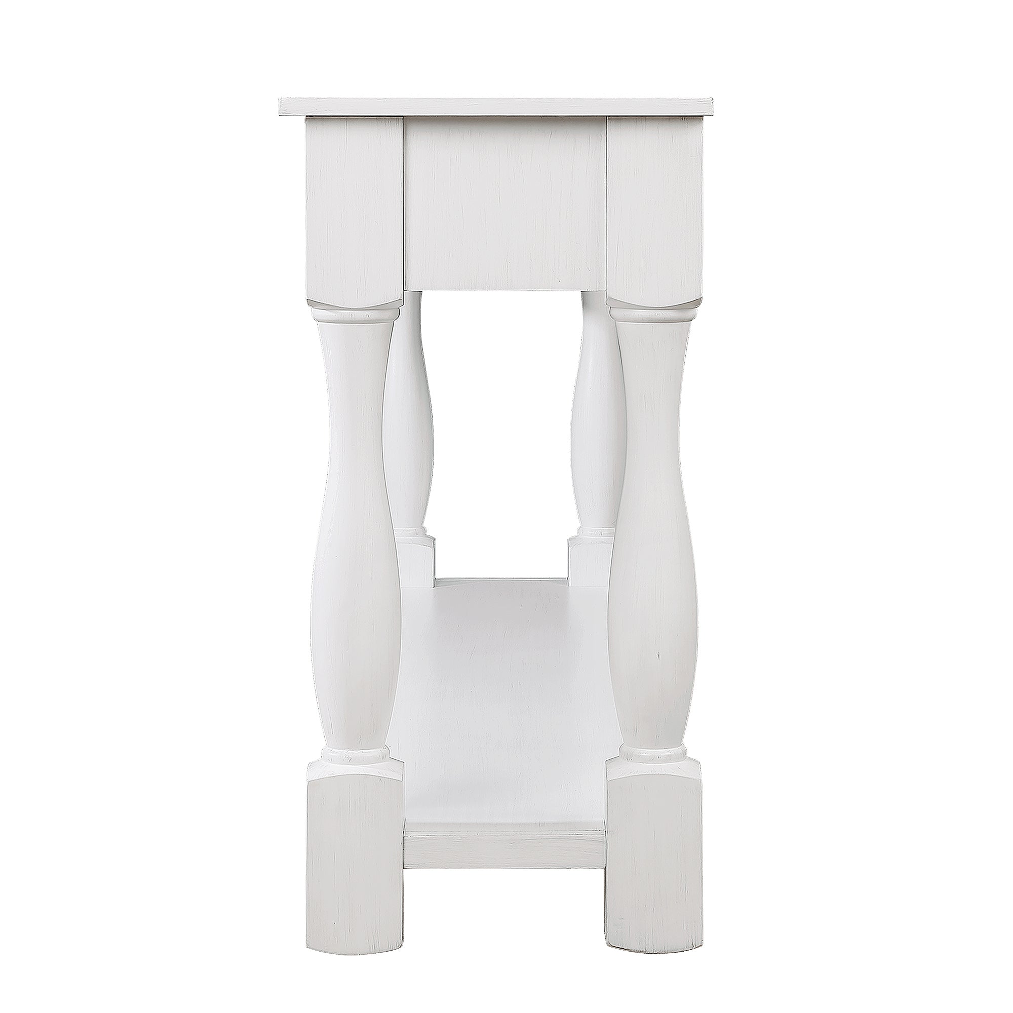 Mid-century console table distressed white finish close-up