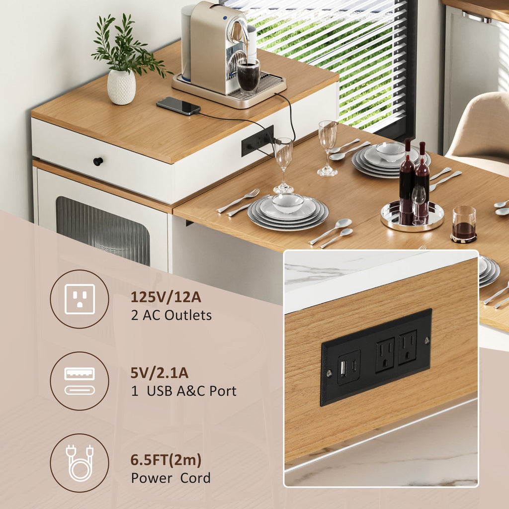K&K 59.5' Kitchen Island with Extendable Dining Table, Kitchen Storage Table with Double-sided Storage, Kitchen Island with 2 Drawers, Power Outlet, Side Open Shelves, for Kitchen, Dining Room, Black