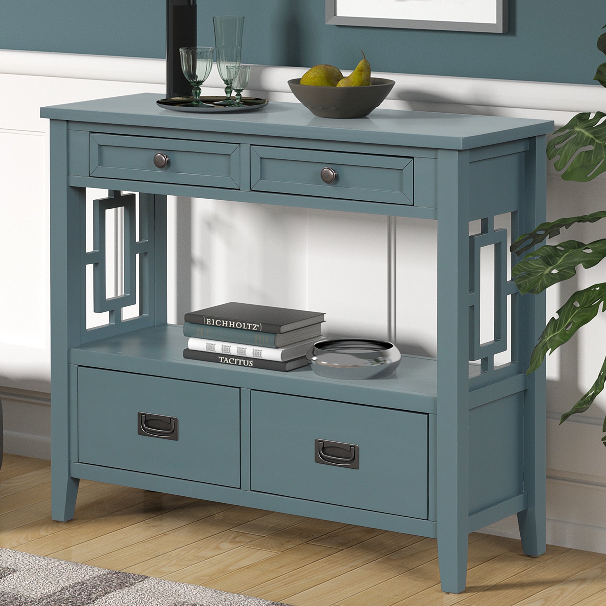 Farmhouse entryway console table open shelf full view