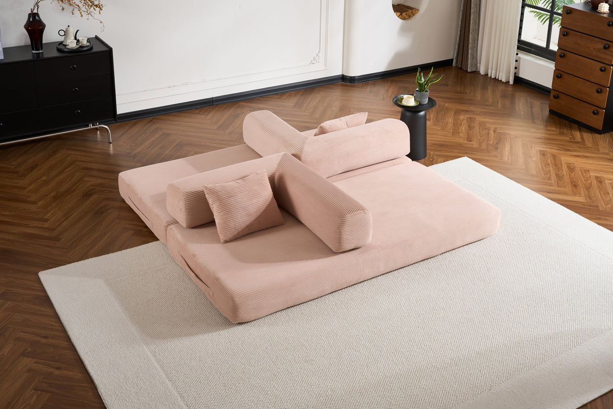 Convertible Sleeper Sofa Bed with Cylindrical Pillow, Corduroy Folding Mattress Couch with Fixed-Shape Frame, Floor Sofa Lounge Couch for Living Room Bedroom Black