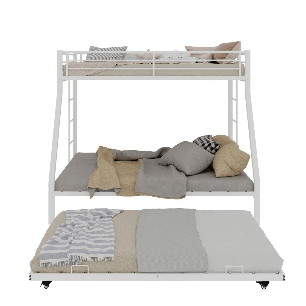 Modern Minimalist Square Tube Iron Bunk Bed with Ladder and Rolling Trundle, Full Size 137cm x 190cm, Black