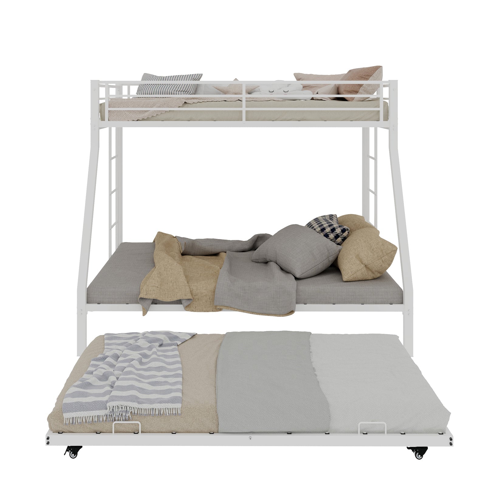 Modern Minimalist Square Tube Iron Bunk Bed with Ladder and Rolling Trundle, Full Size 137cm x 190cm, Black