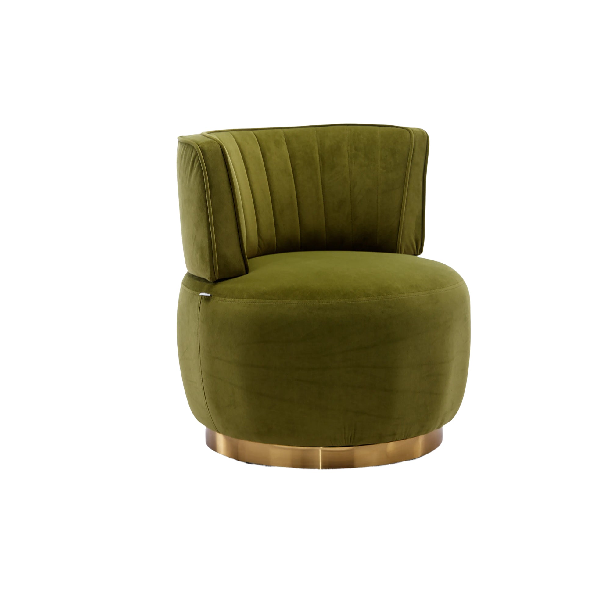 Olive green velvet swivel barrel chair — front view