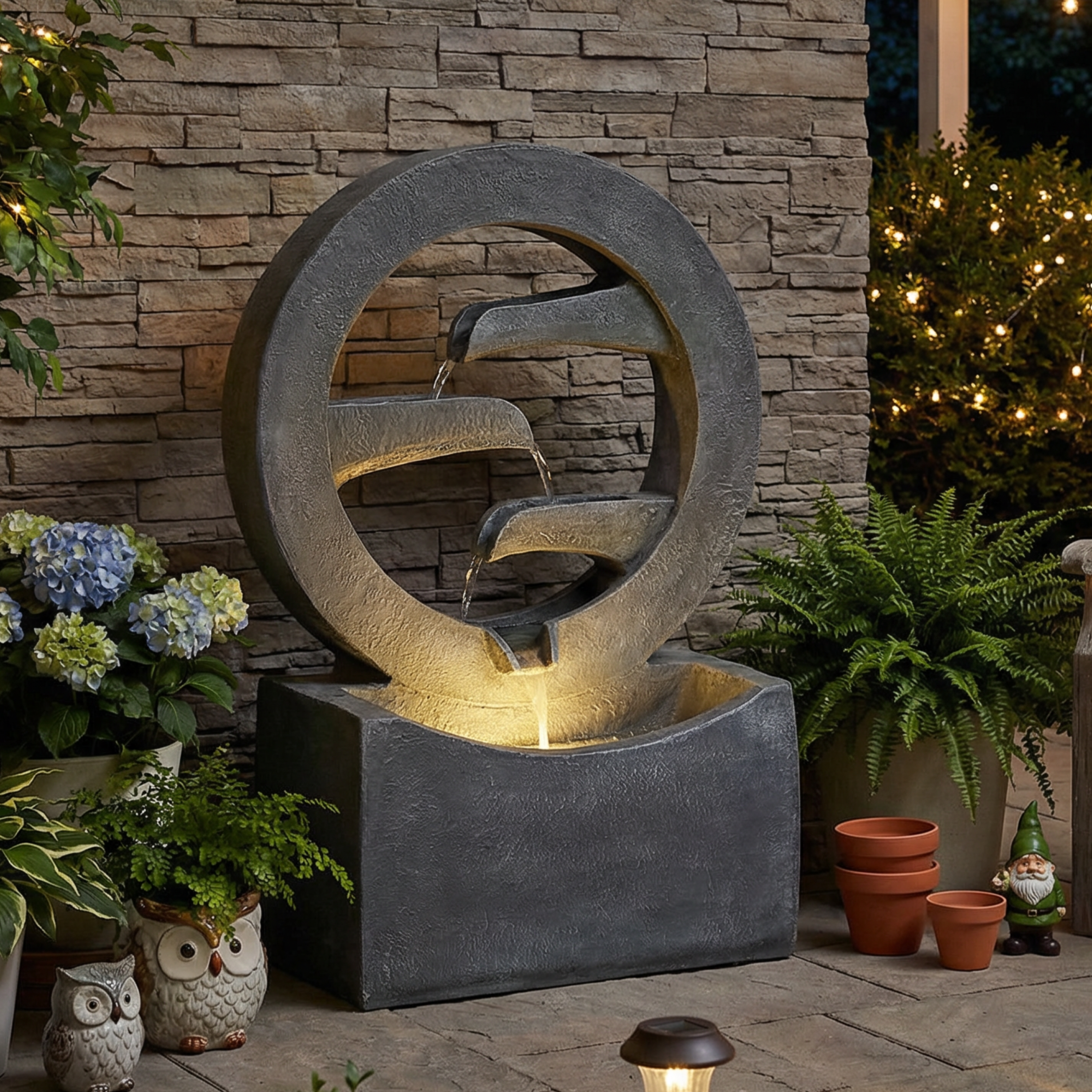 26.77'H Gray Circular Polyresin Outdoor Water Fountain with LED Light, Freestanding Modern Cascading Water Feature for Patio Garden Backyard Decor
