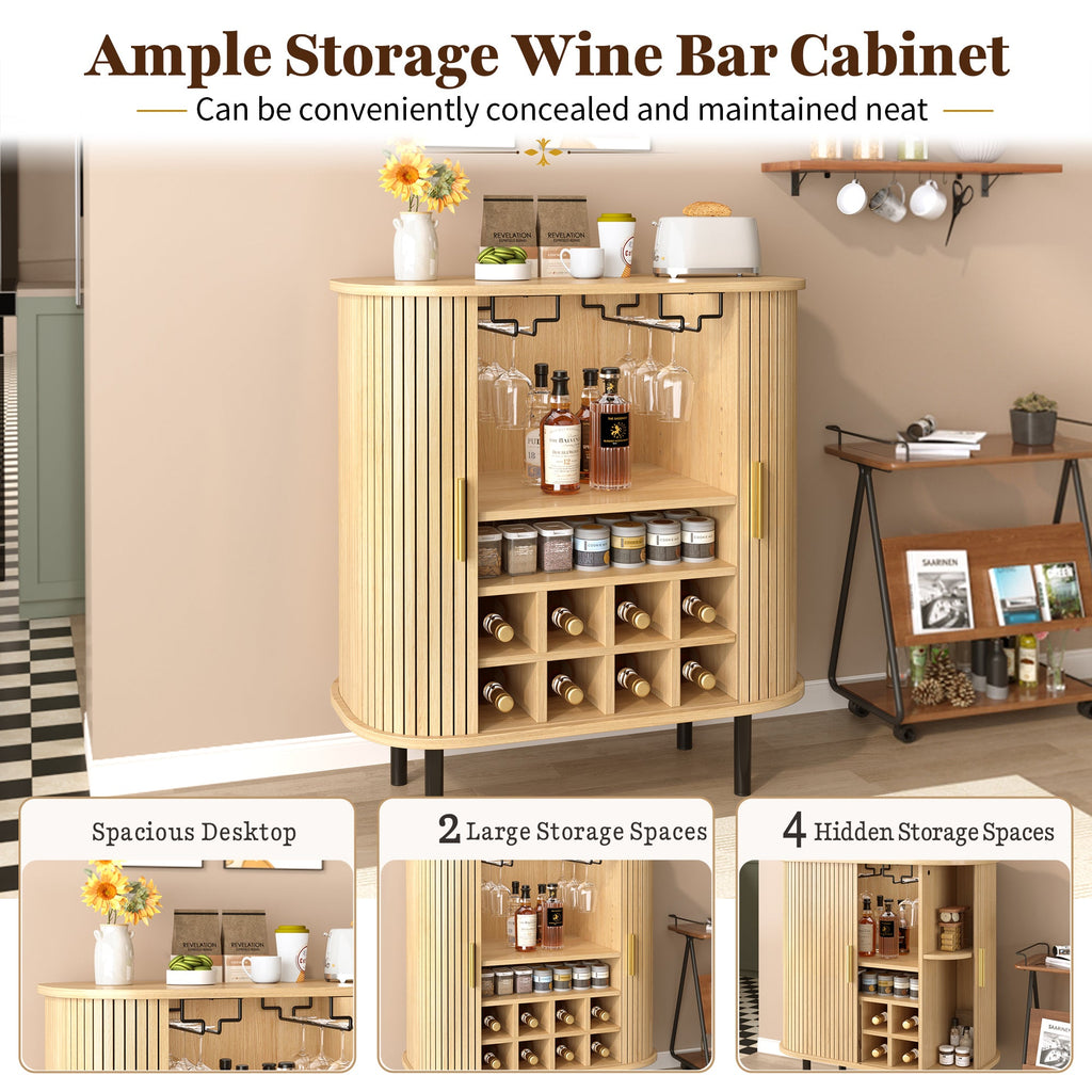 28' Fluted Wine Bar Cabinet with 8-Grid Wine Rack, 5-Level Adjustable Shelves, 2 Glass Holders, Smoothly Sliding Tambour Doors, 4 Hidden Storage Space on the Side, Modern Liquor Coffee Station, Black