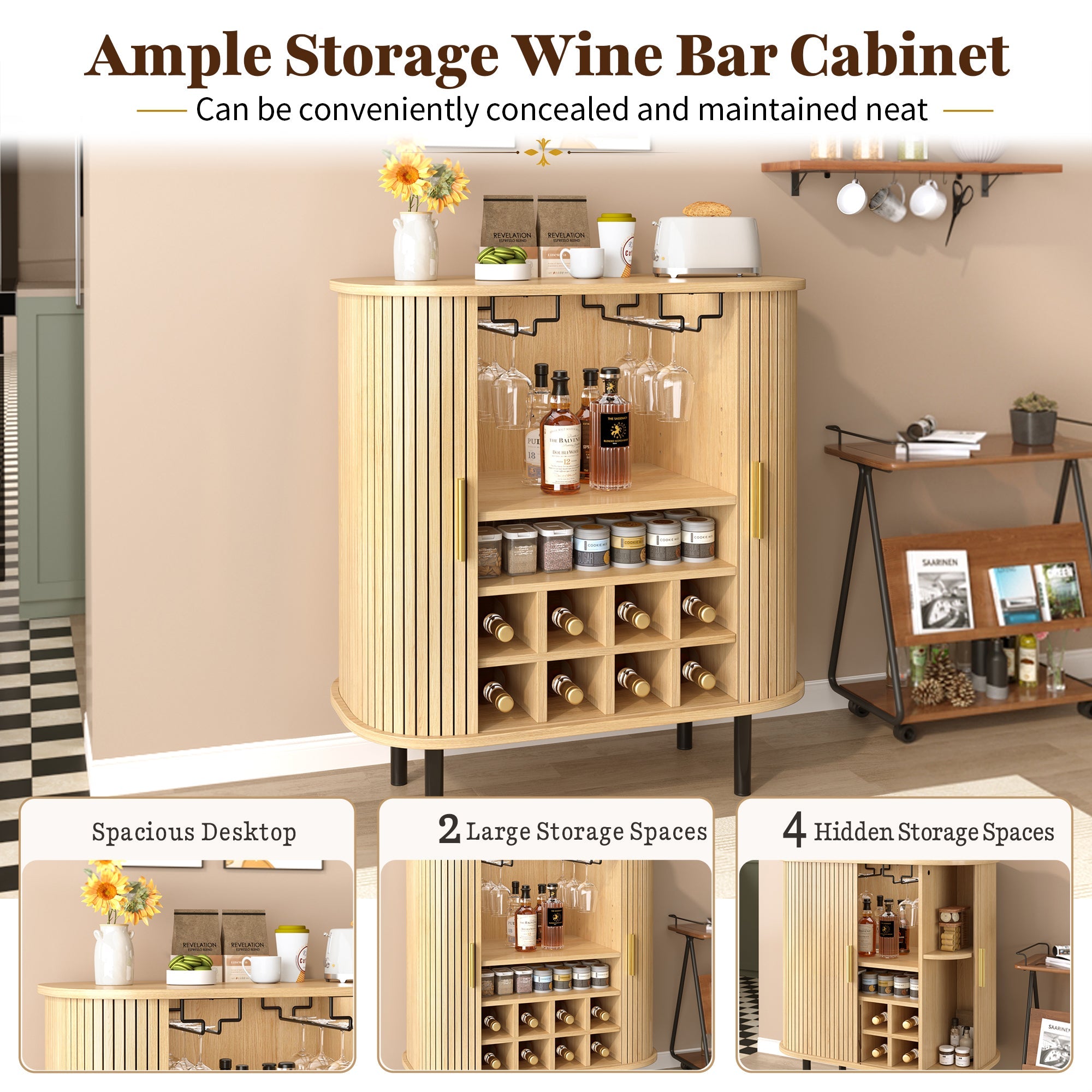 28' Fluted Wine Bar Cabinet with 8-Grid Wine Rack, 5-Level Adjustable Shelves, 2 Glass Holders, Smoothly Sliding Tambour Doors, 4 Hidden Storage Space on the Side, Modern Liquor Coffee Station, Black