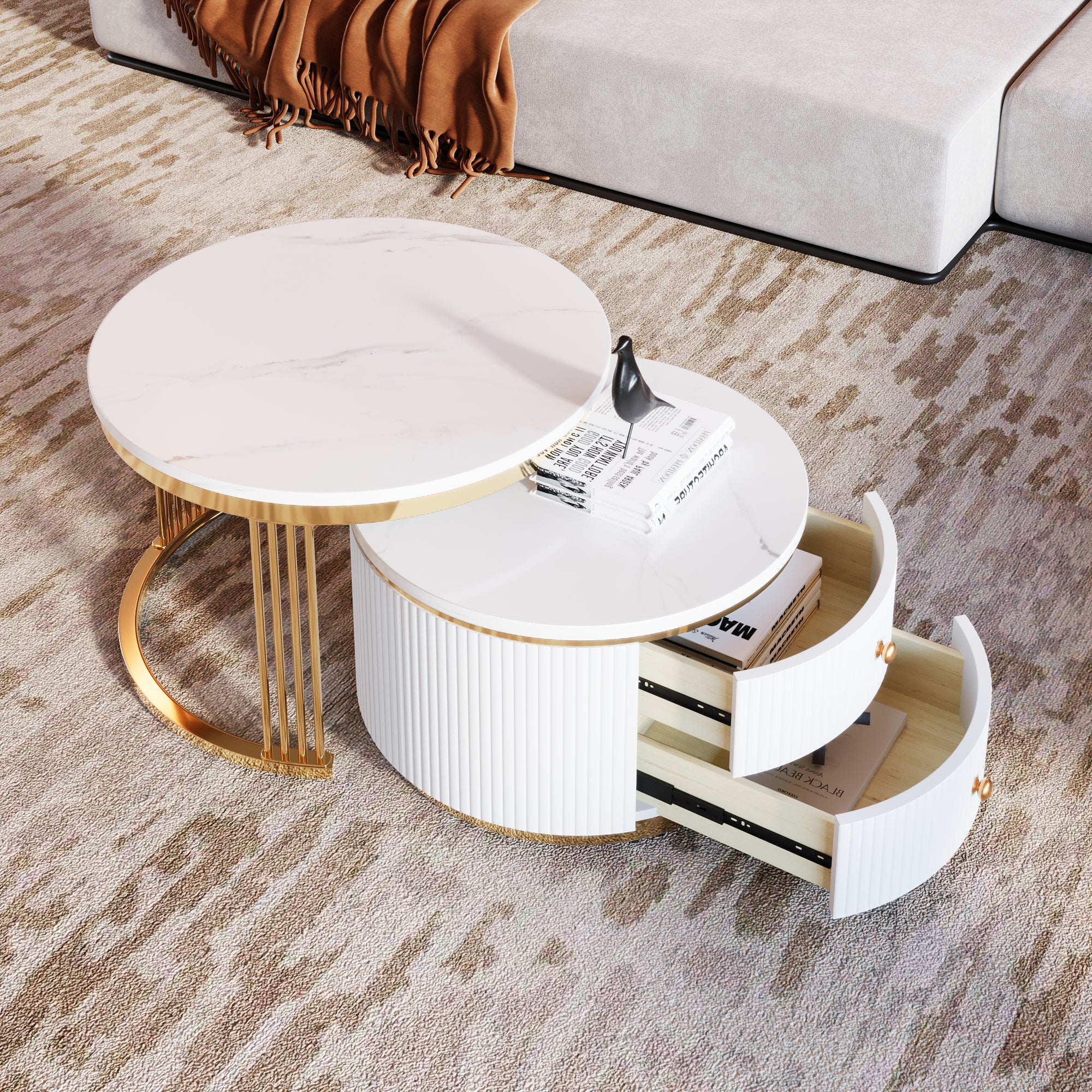 White and gold round coffee table in living room setting