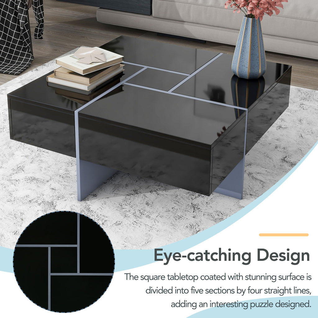 Black extendable coffee table puzzle design top full view