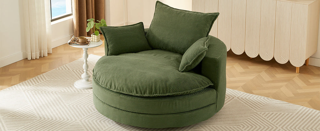Corduroy Swivel Barrel Chair — 360° with Removable Pillows