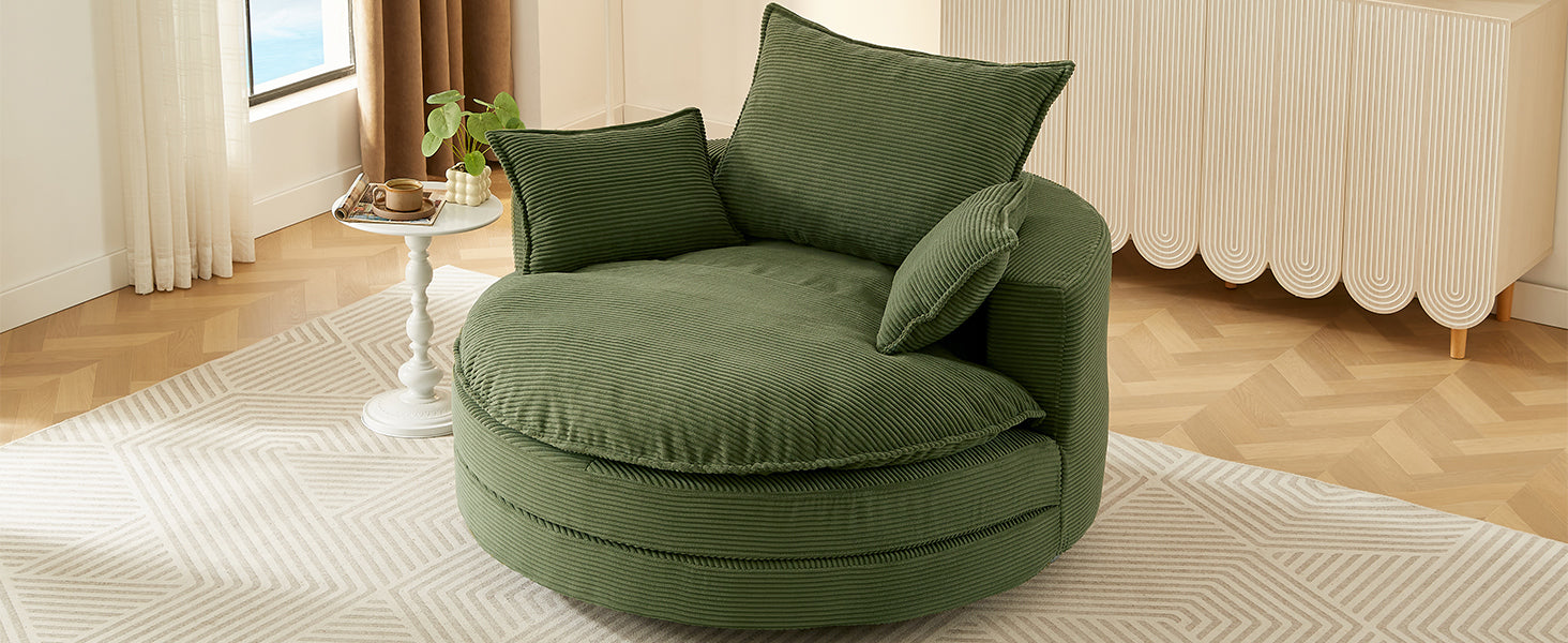 Corduroy Swivel Barrel Chair — 360° with Removable Pillows