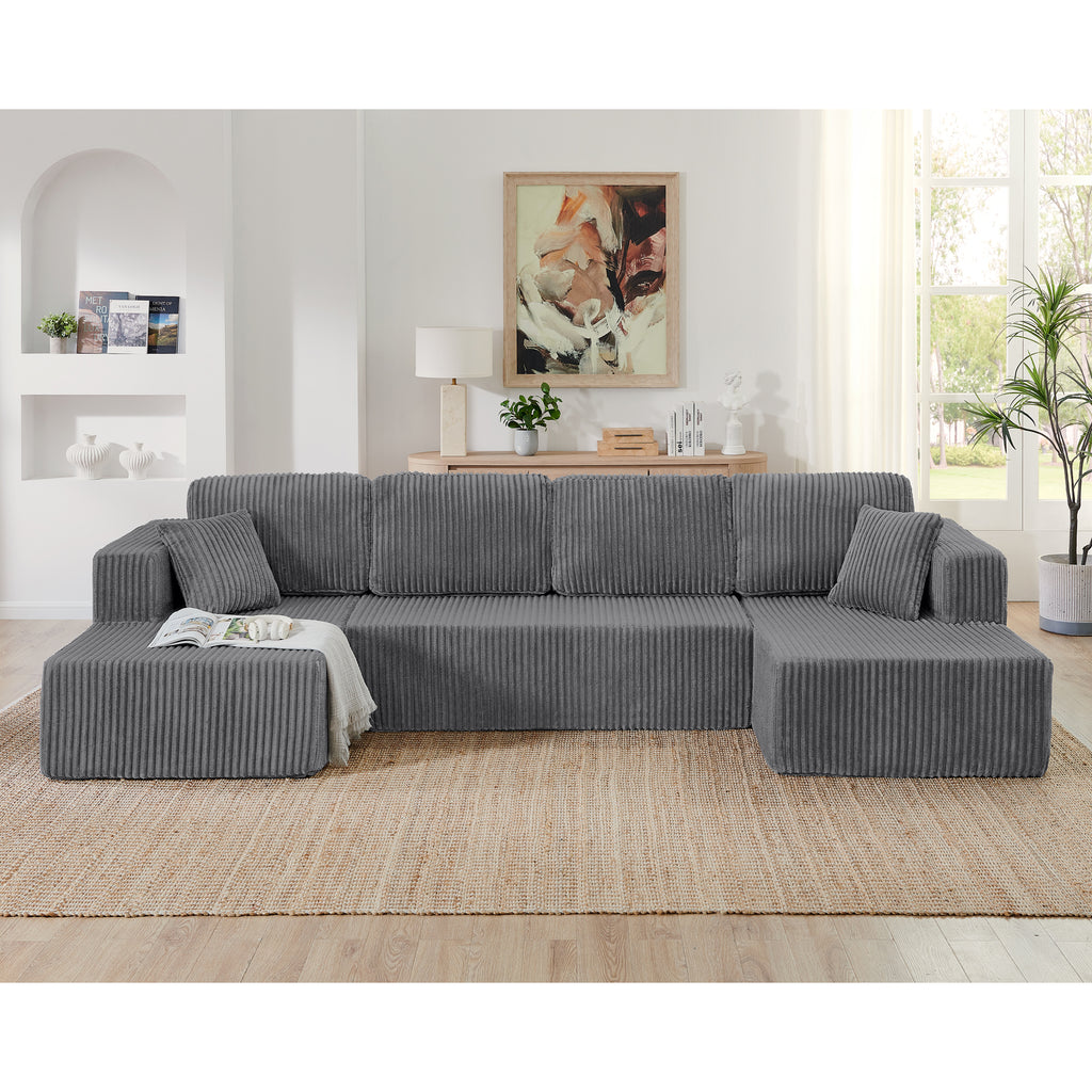Grey corduroy 5-seat sectional in living room setting
