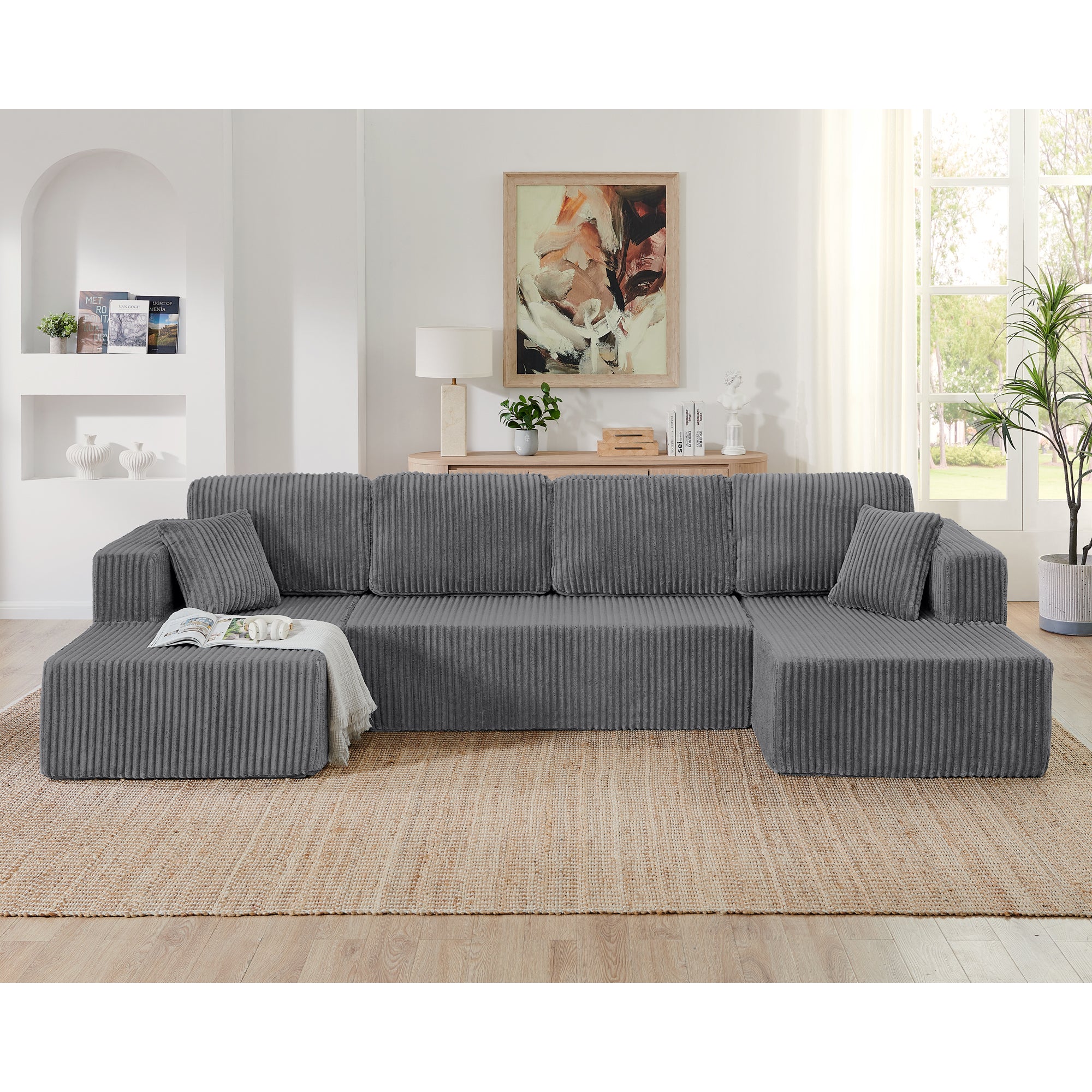Grey corduroy 5-seat sectional in living room setting