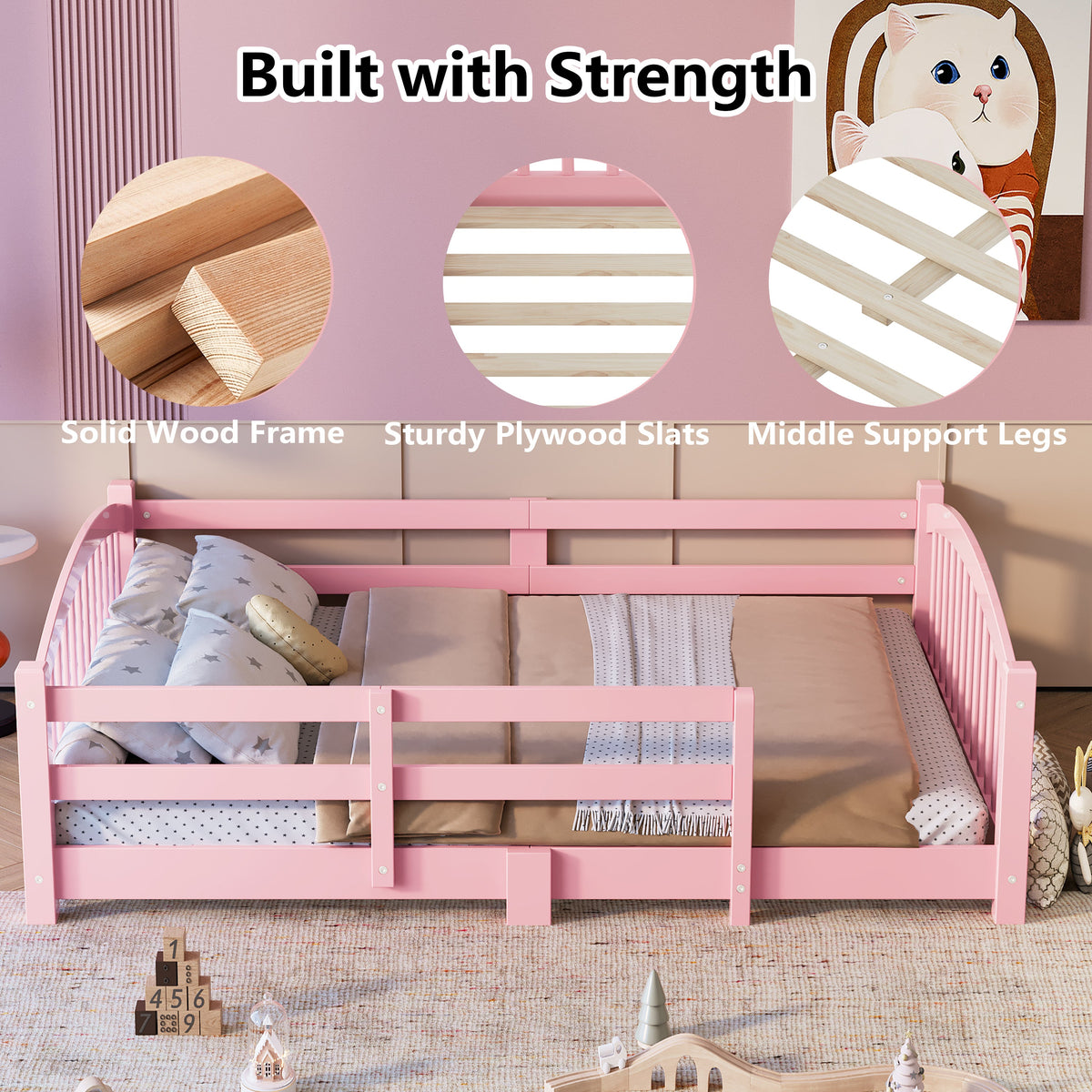 Twin Montessori Floor Bed with Slats and Safety Guardrails, Solid Wood Floor Bed with Fence and Without Door, Easy Assemble Montessori Bed for Girls and Boys, Gray