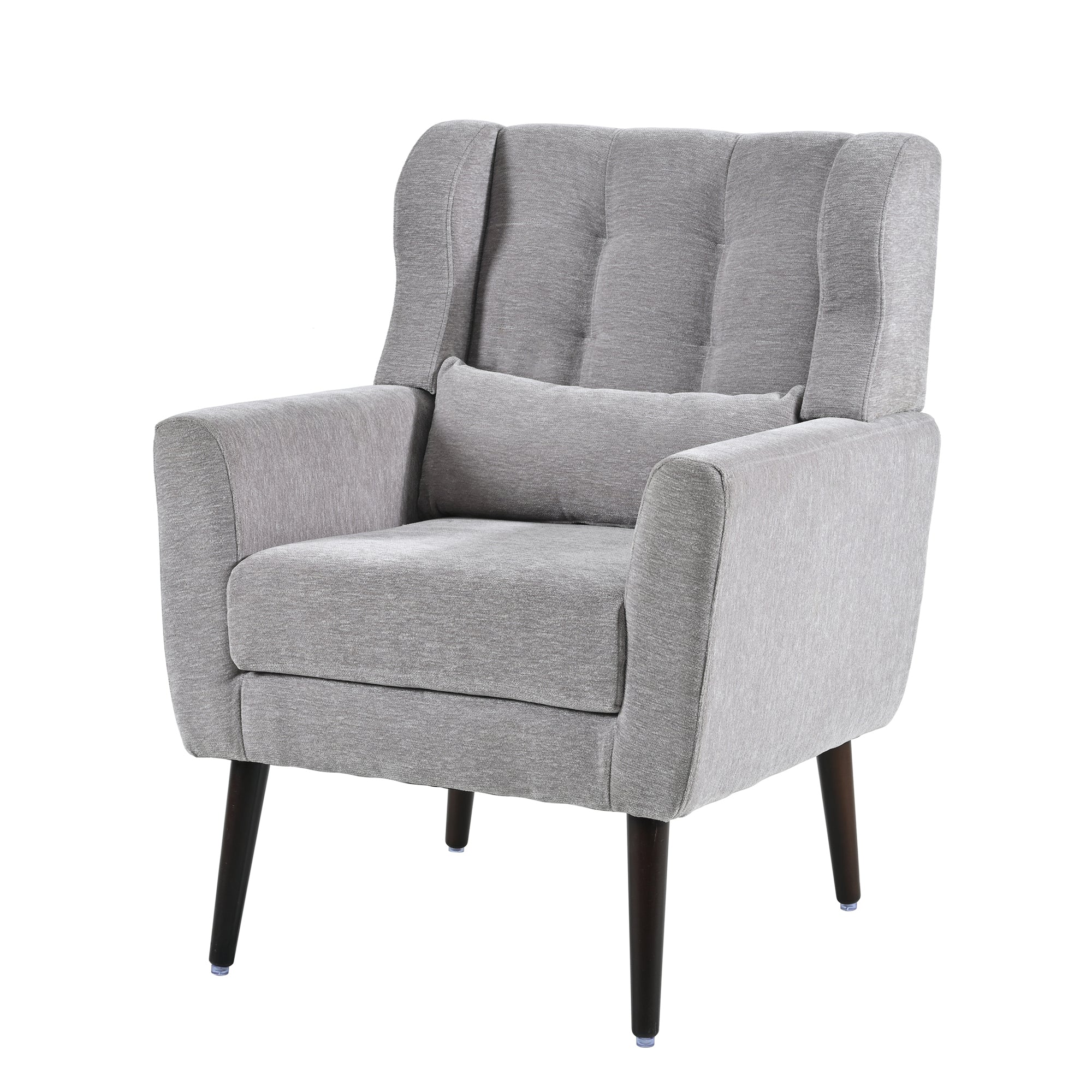 Chenille Accent Chair with Lumbar Pillow — Mid-Century Rubberwood Legs