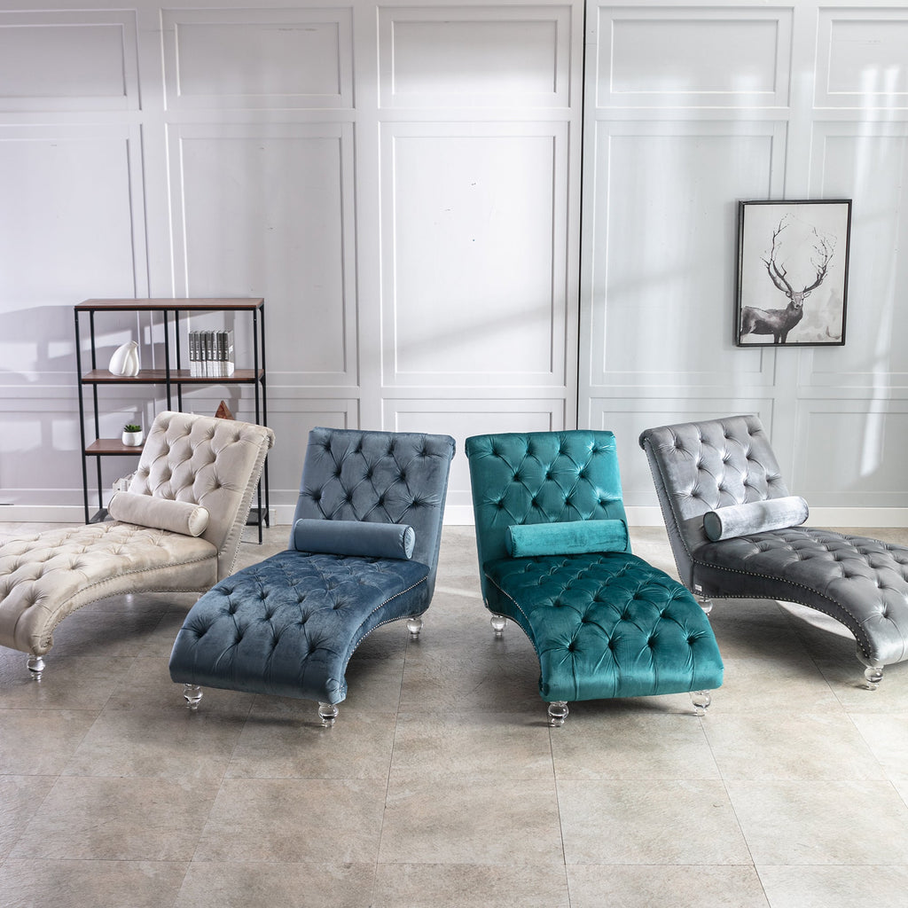 Velvet Chaise Lounge — Button-Tufted with Pillow