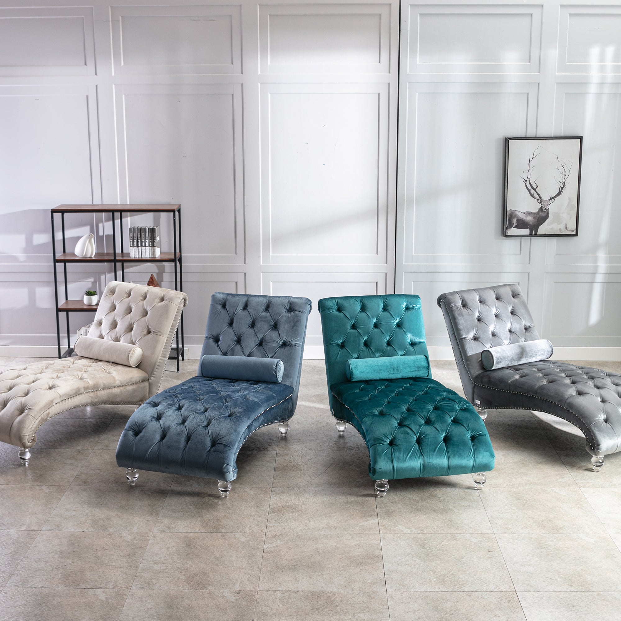 Velvet Chaise Lounge — Button-Tufted with Pillow