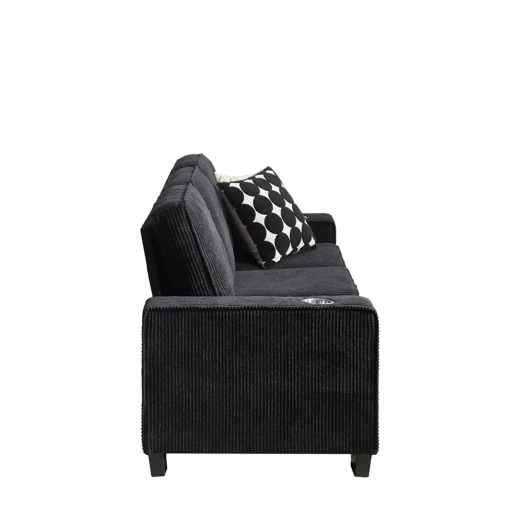 Black corduroy sofa armrest cup holder top-down detail