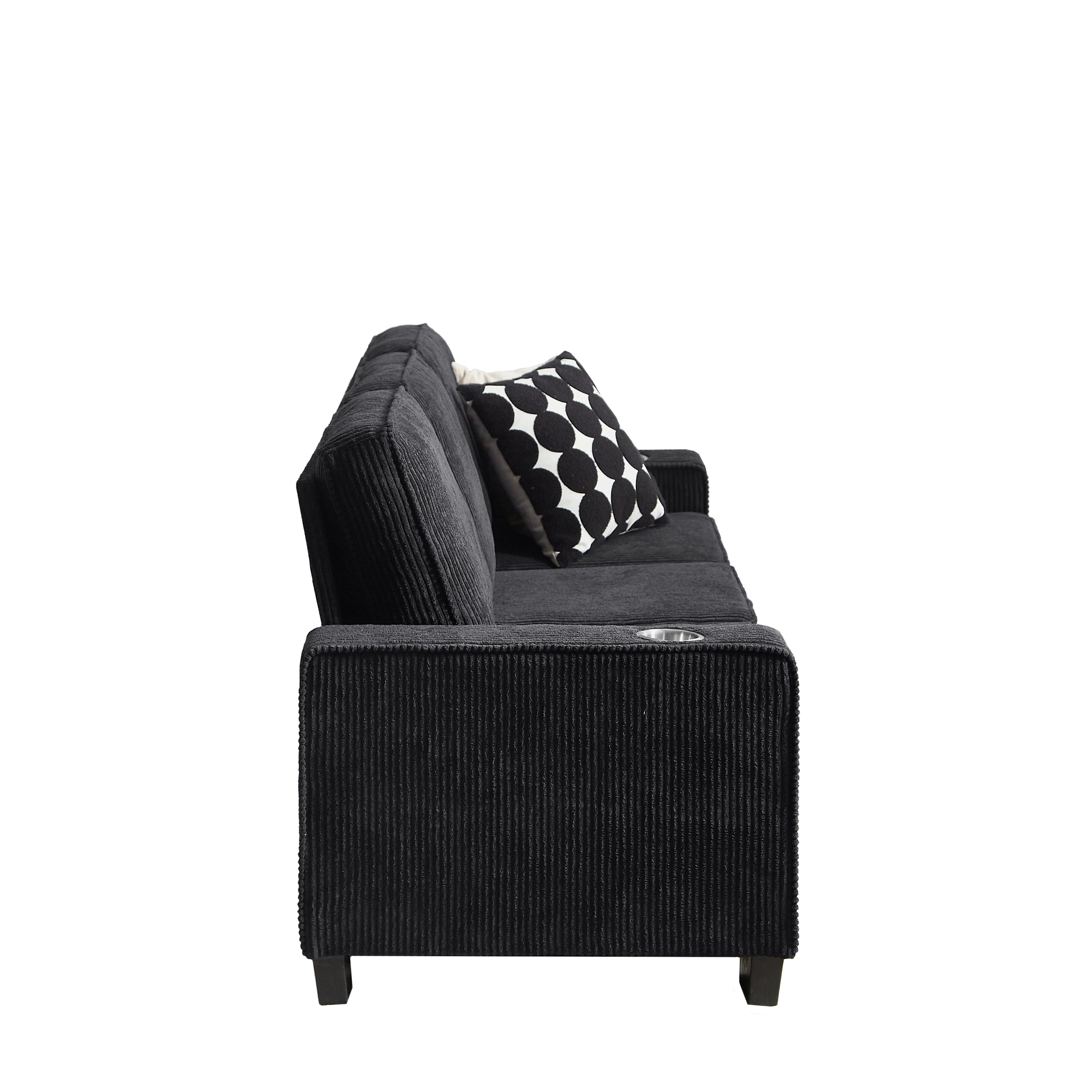Black corduroy sofa armrest cup holder top-down detail