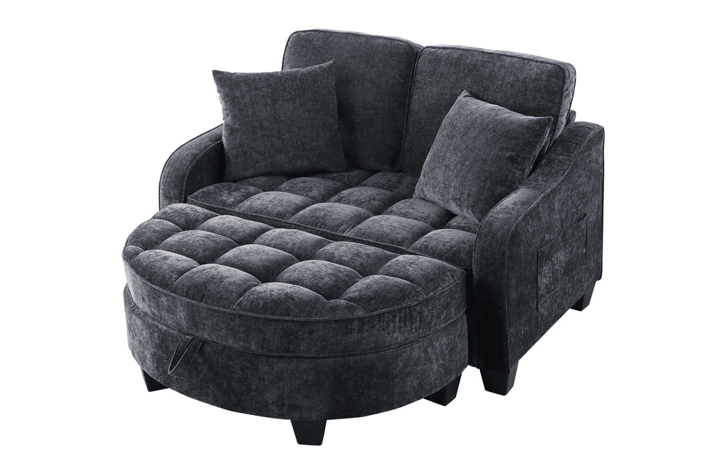 Two-seater sofa, double sofa chaise longue, with irregular armrests and backrests, footrest with storage space, comes with two small throw pillows, suitable for living room and bedroom -Blue