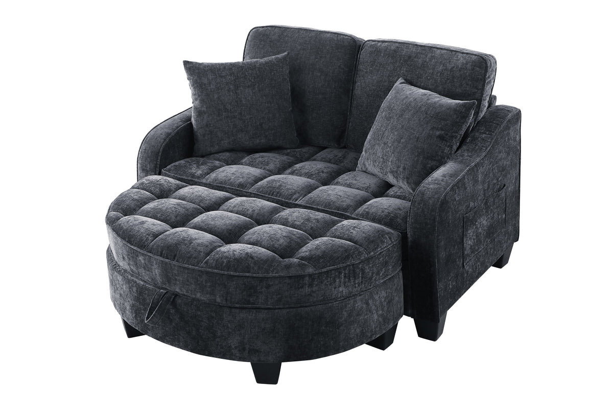 Two-seater sofa, double sofa chaise longue, with irregular armrests and backrests, footrest with storage space, comes with two small throw pillows, suitable for living room and bedroom -Blue
