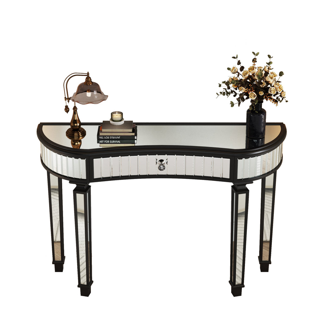 47" Half-Moon Mirrored Console Table — Fluted Glass & Crystal Drawer
