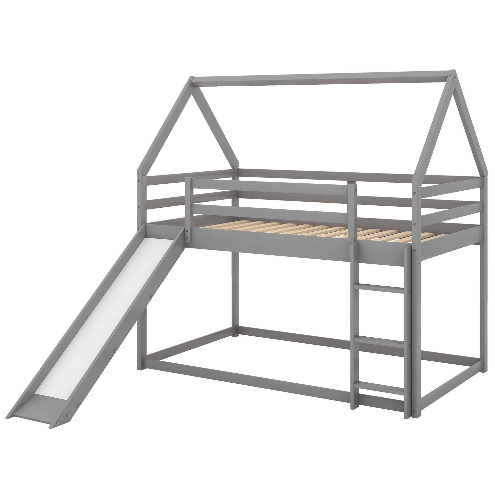 Gray house-shape twin over twin bunk bed with slide and ladder — product photo