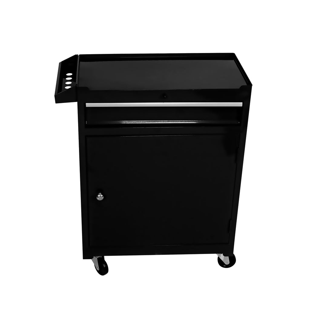 Black powder-coated metal tool chest profile