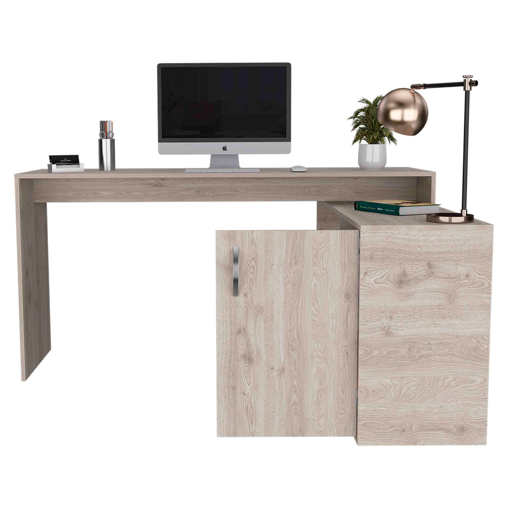Light gray L-shaped computer desk with open shelves and cabinet — product photo