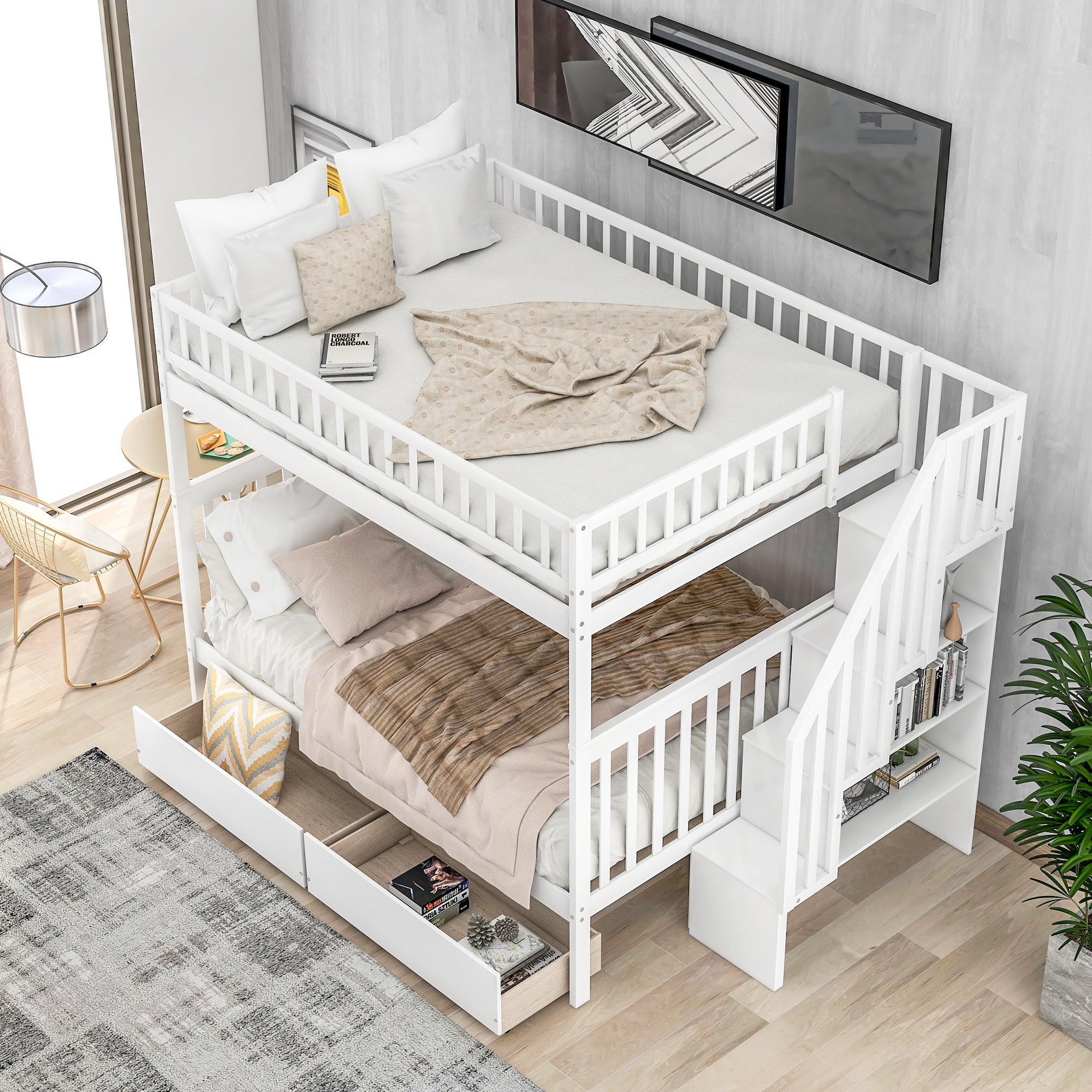 White bunk bed built-in storage shelves and drawer detail