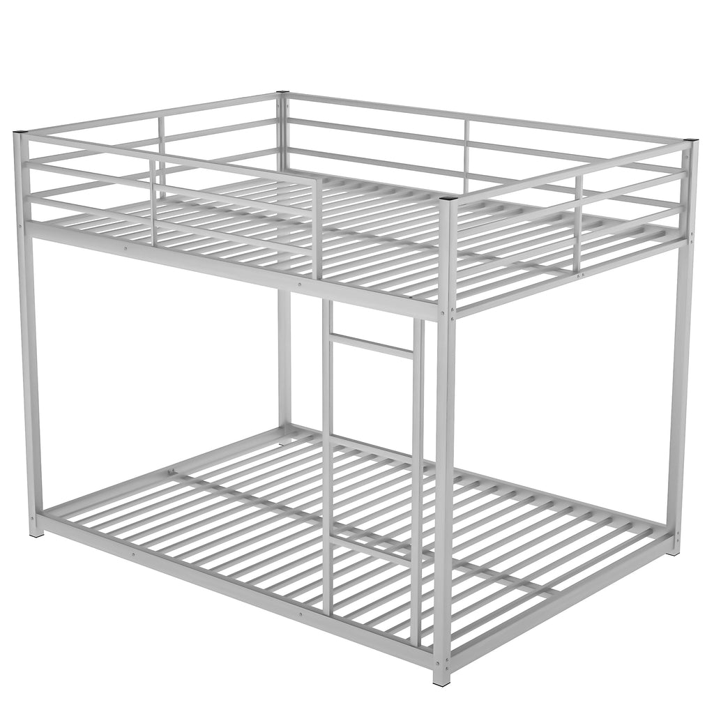 Silver full over full metal bunk bed with ladder — front view