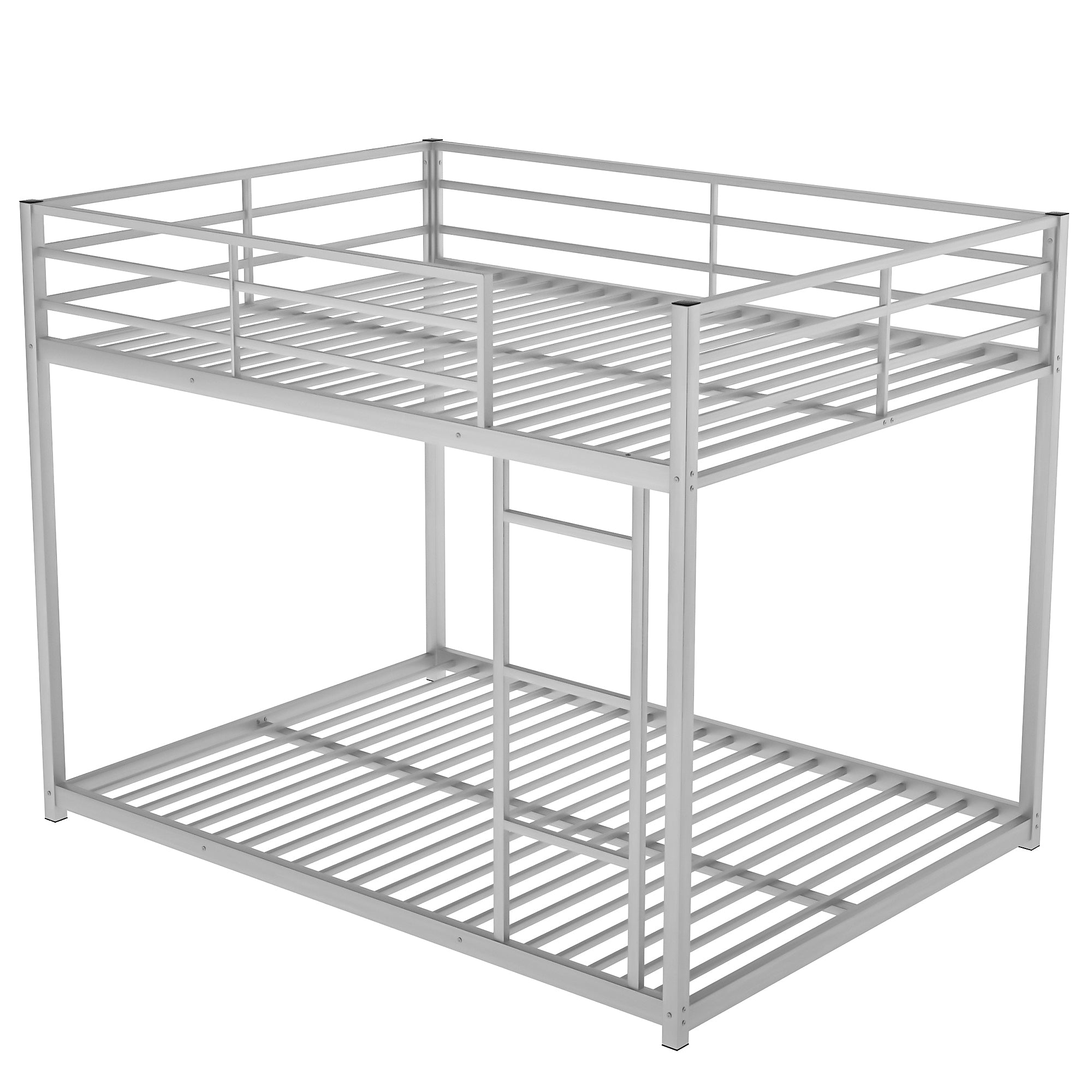 Silver full over full metal bunk bed with ladder — front view
