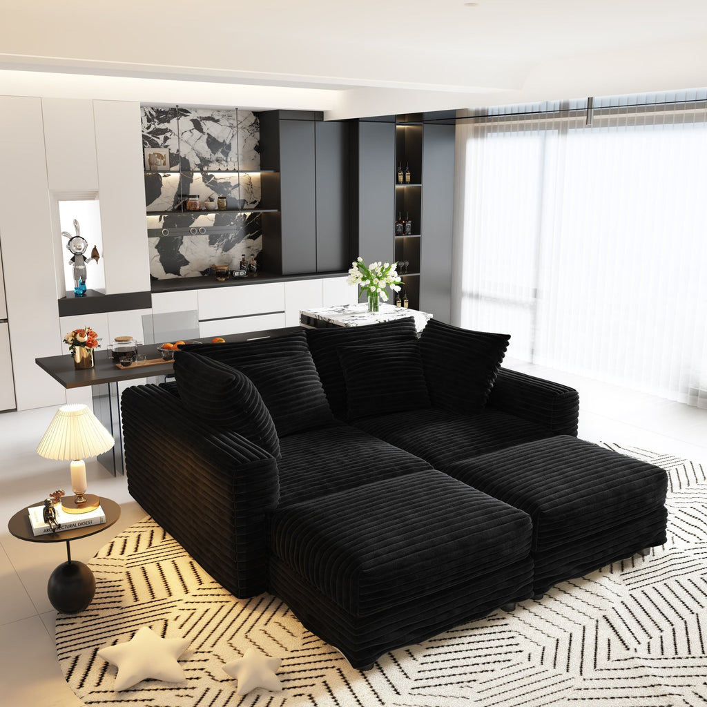 102.4 'Plush Corduroy 4-Seat Sofa,Modern Comfy Upholstered Sofa Cloud Couch,Deep Seat Couches with Soft Pillows and 3 Ottomans,Convertible Sofa Lounge Chair,Black(Old SKU:W1885S00287)