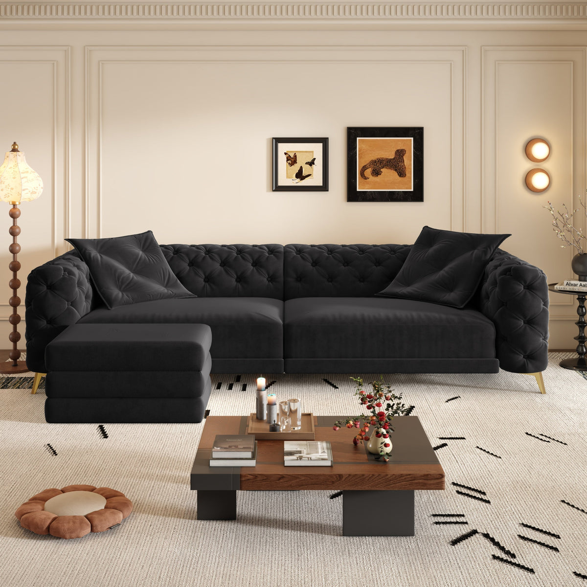 97.7' 3-in-1 Convertible Sleeper Sofa, 28.4' Deep Seat Pull Out Sofa Bed,Button Tufted Modern Sofa, 4-Seater Couch with Movable Ottoman for Apartment, Office, Bedroom,Beige/White