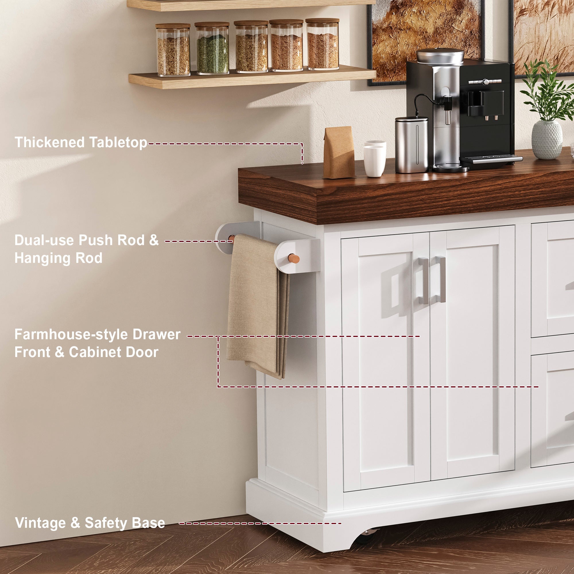 K&K 53' Large Kitchen Island with 3.5' Thick Desktop, Spice and Towel Racks, Rolling Kitchen Island with Storage on 5 Wheels, 2 Extra-large Drawers, for Home, Kitchen, Dining Room, Black