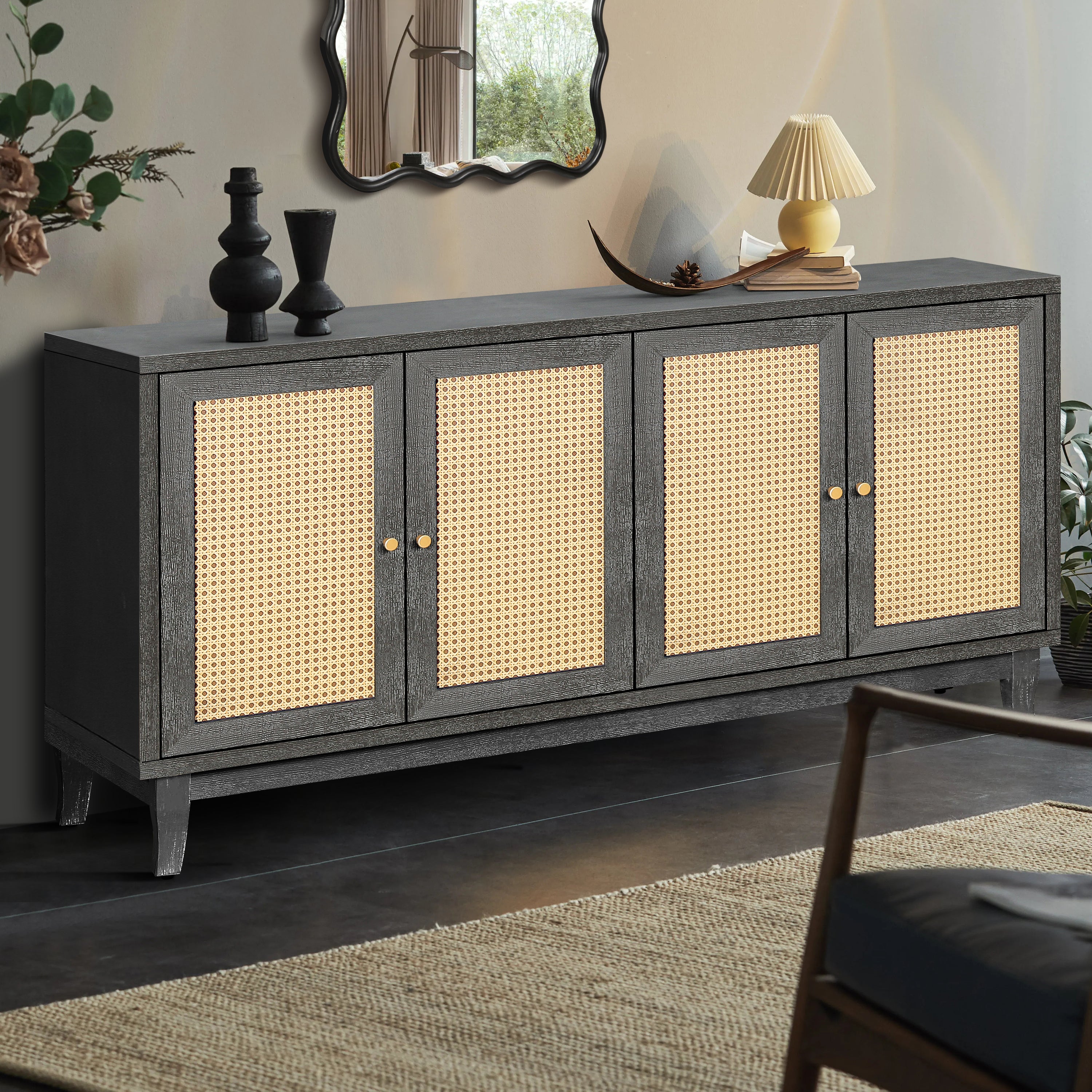 60 inch rattan sideboard antique dark gray finish — full overview