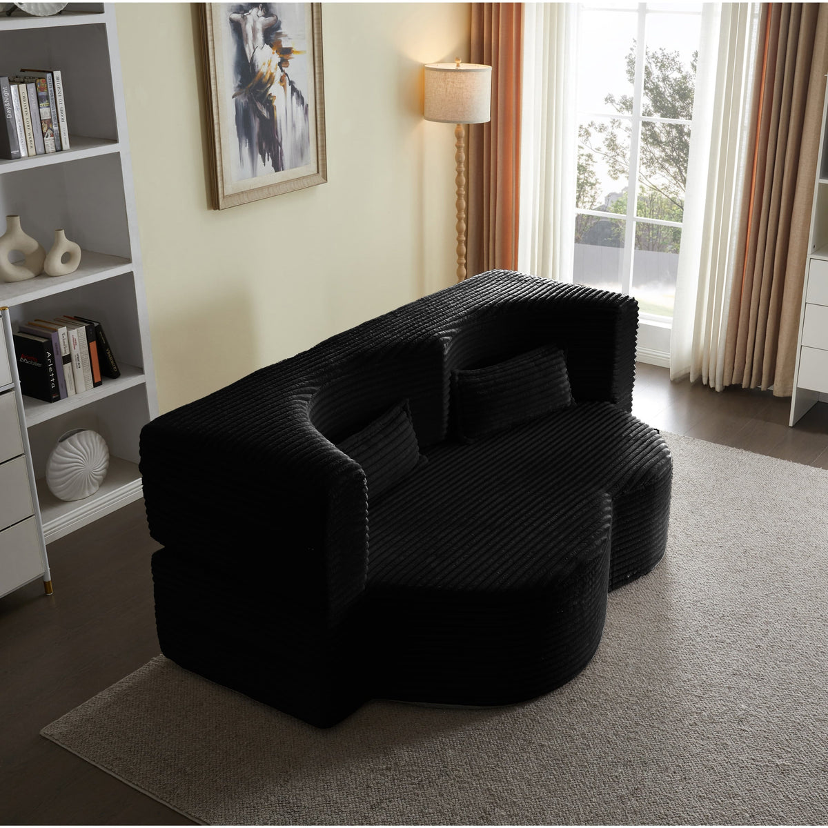 Modern Floor Sofa with 2 Pillows, Convertible Plush Corduroy Foam-Filled Sleeper Sofa Bed,15 ' Full Size Folding Mattress for Living Room, Guest Bed, no assembly required, Light Grey