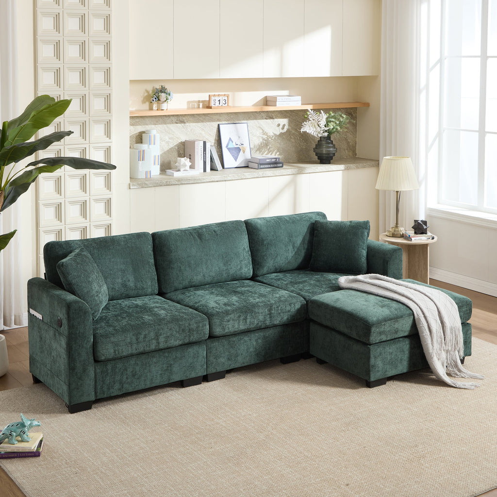 Modern Storage Sofa with Dual USB, 2 Side Pockets,Ottoman Storage Bench Cloud Sectional Chenille Sofa Oversized,4-Seat, L-Shaped Couch,Black