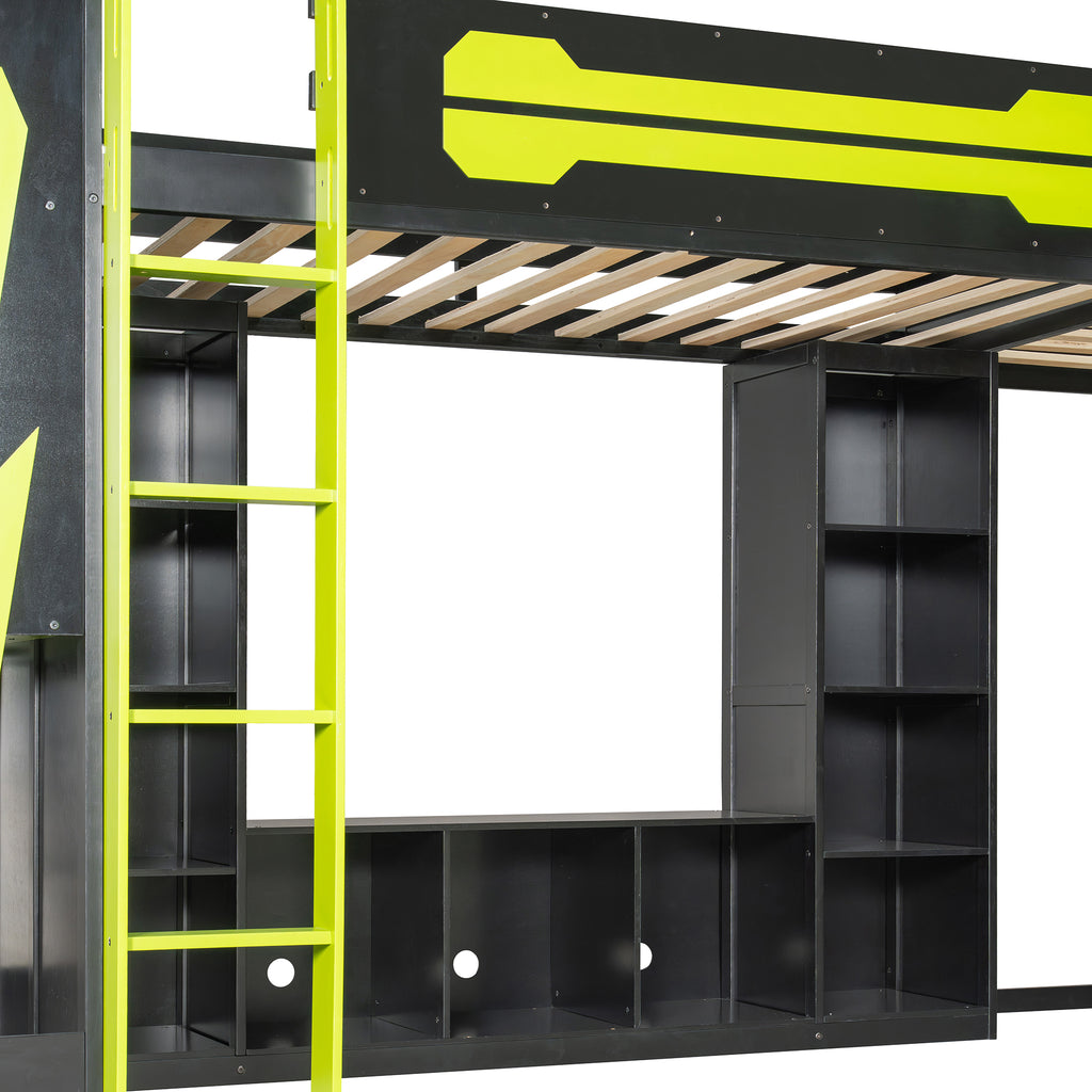 Multi-tier storage shelves on L-shaped gaming bed