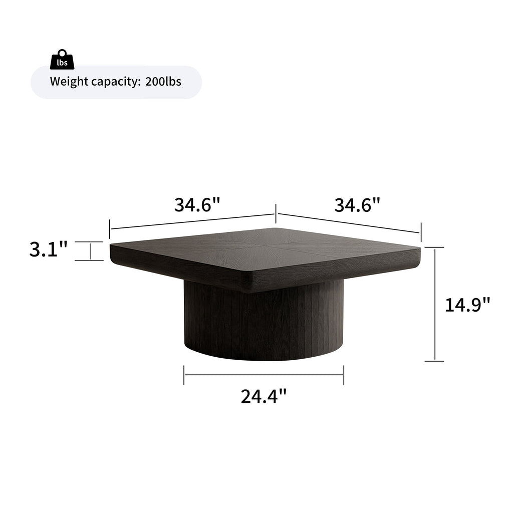 34.6'' Square Coffee Table for Living Room, Modern Wood Veneer Top with Parquet Pattern & Cylindrical Base, Thickened Tabletop, Easy Assembly, Natural Wood