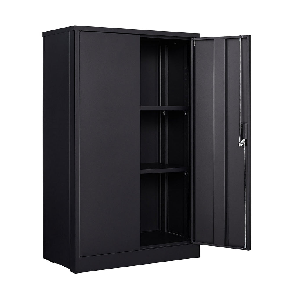 Black metal locking storage cabinet — front view