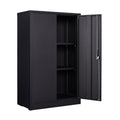 Black metal locking storage cabinet — front view
