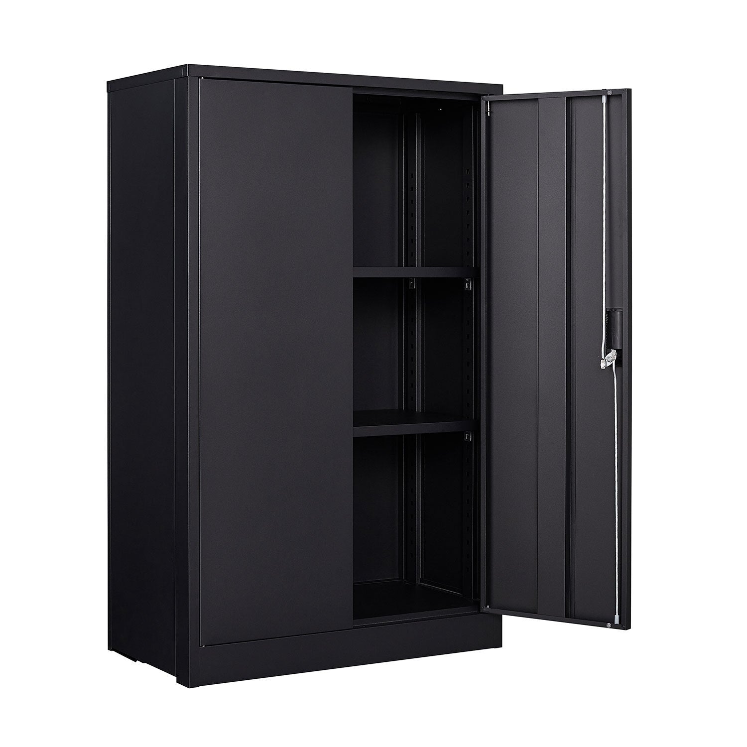 Black metal locking storage cabinet — front view