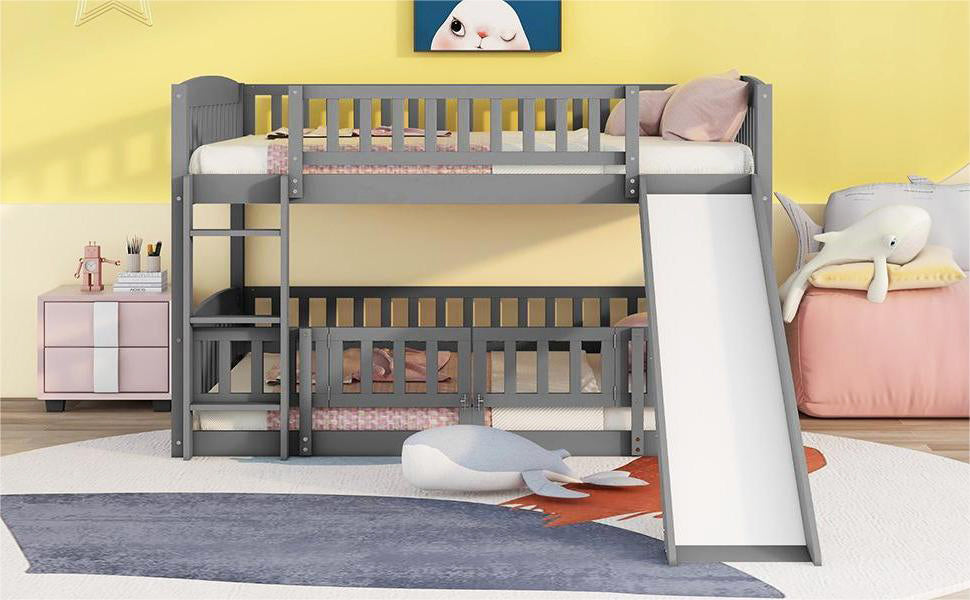 Gray bunk bed with convertible ladder and slide detail