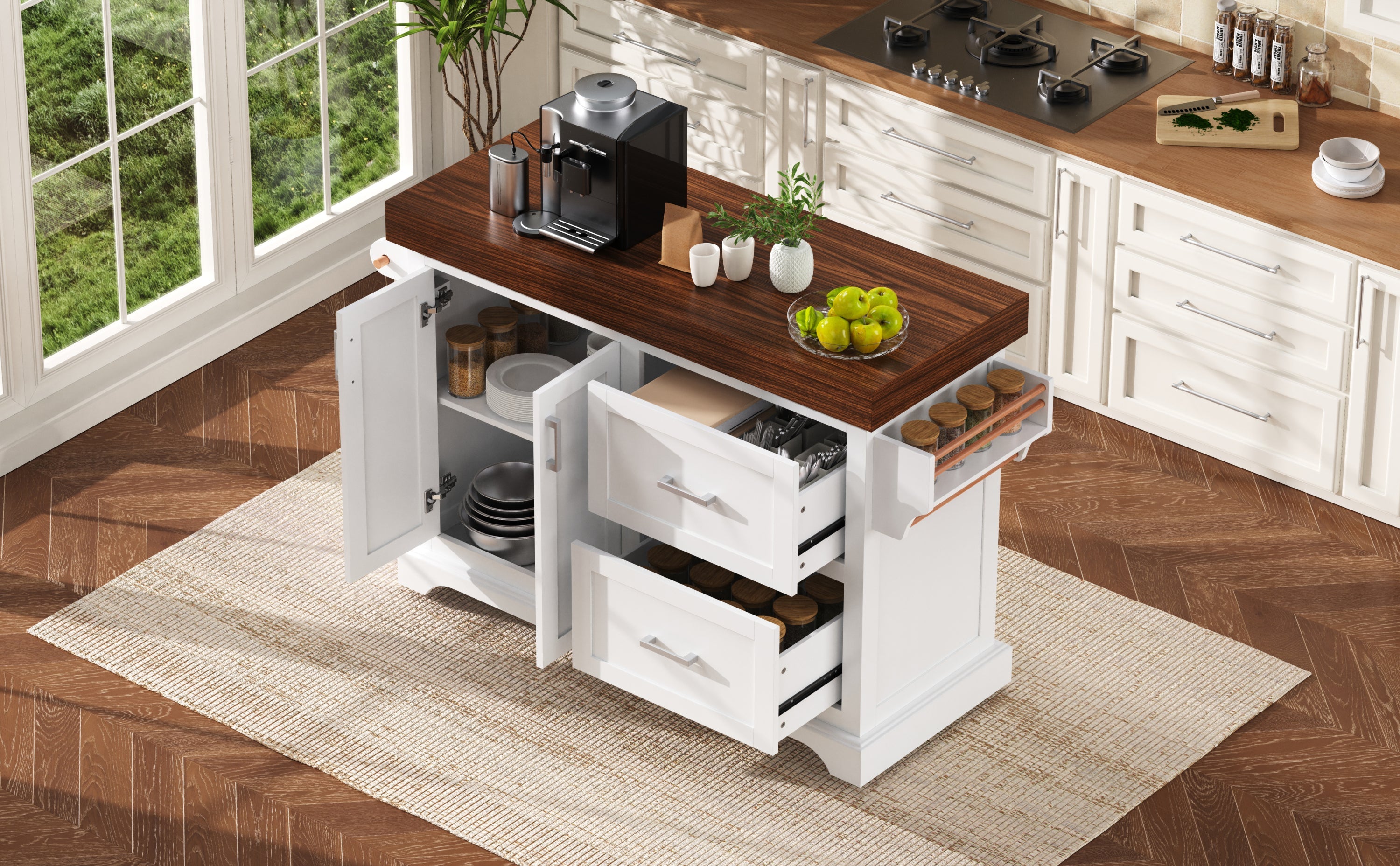 K&K 53' Large Kitchen Island with 3.5' Thick Desktop, Spice and Towel Racks, Rolling Kitchen Island with Storage on 5 Wheels, 2 Extra-large Drawers, for Home, Kitchen, Dining Room, Black